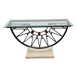 Southwest Style Mid-Century Sunburst Console Table Travertine Base and Glass Top For Sale