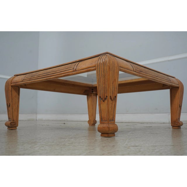 1980s Glass & Carved Wood Square Cocktail Coffee Table For Sale - Image 5 of 14