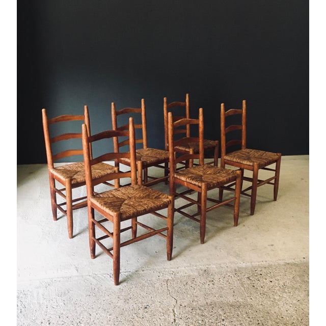 Low Rustic Ladder Back Dining Chairs in Oak and Rush, Belgium, 1950s, Set of 6 For Sale - Image 4 of 18