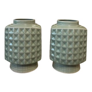 Heavy Pair of Mid-Century Modern Celadon Geometric Vases - 10" Ceramic Decor For Sale
