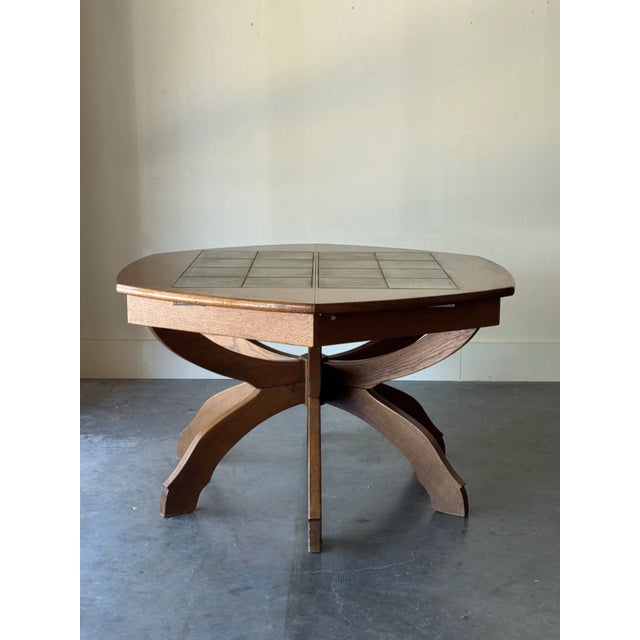 Curved Hexagon Oak & Tile Dining Table Germany 1960s For Sale - Image 9 of 9