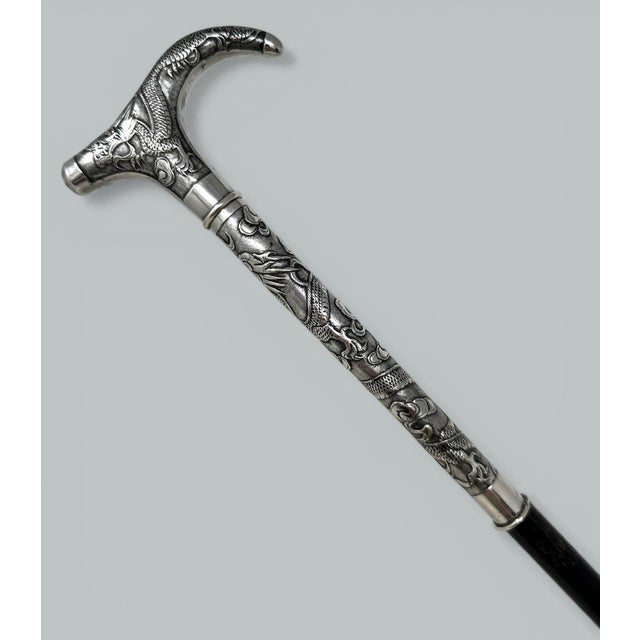 Late 19th Century Antique Chinese Sterling Silver Qing Lady’s Walking Swagger Stick Cane 2 Dragons For Sale - Image 5 of 8