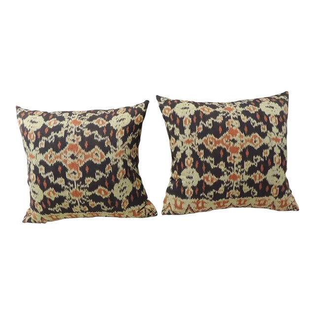 Vintage Orange and Black Square Batik Decorative Pillows - a Pair For Sale