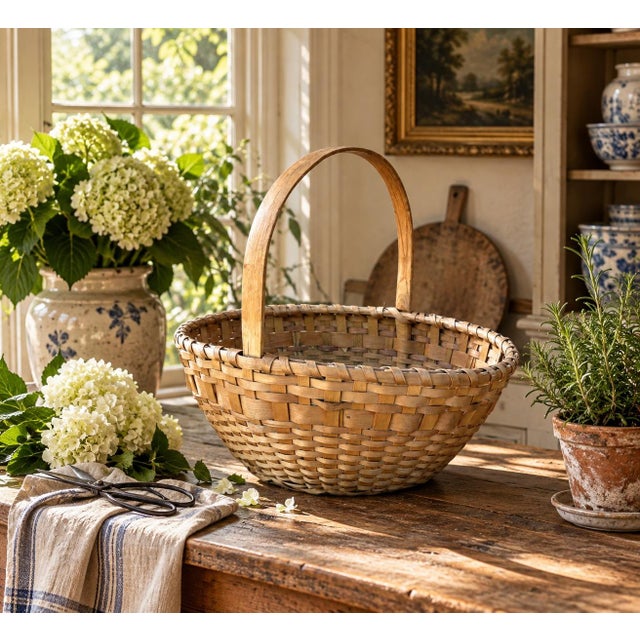 A beautifully preserved early 20th-century egg gathering basket, handwoven in splint oak with a tall bentwood handle and...