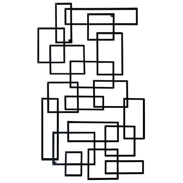 Striking and architectural, this large-scale black metal wall sculpture features an intricate composition of intersecting...