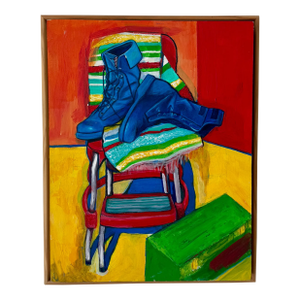 Late 20th Century Original 12"x15" Naive Acrylic Still Life – Blue Boots on Chair, Framed
