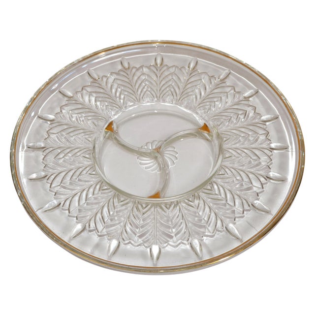 1950s Art Deco Jeanette Depression Glass Crystal Relish Dish Serving Platter 22k Gold Trim For Sale