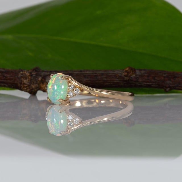 Metal Ethiopian Opal Cabochon Ring With Diamond Accents: Solid 14k Gold, Size 6.75 For Sale - Image 7 of 10