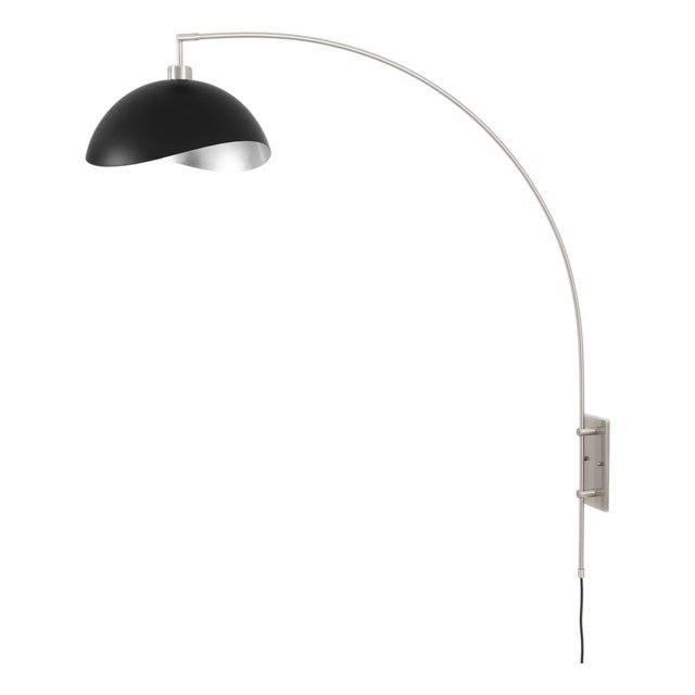 Luna Bella Wall Arc Lamp - Matte Black/Silver Shade, Satin Nickel, Dimmable For Sale