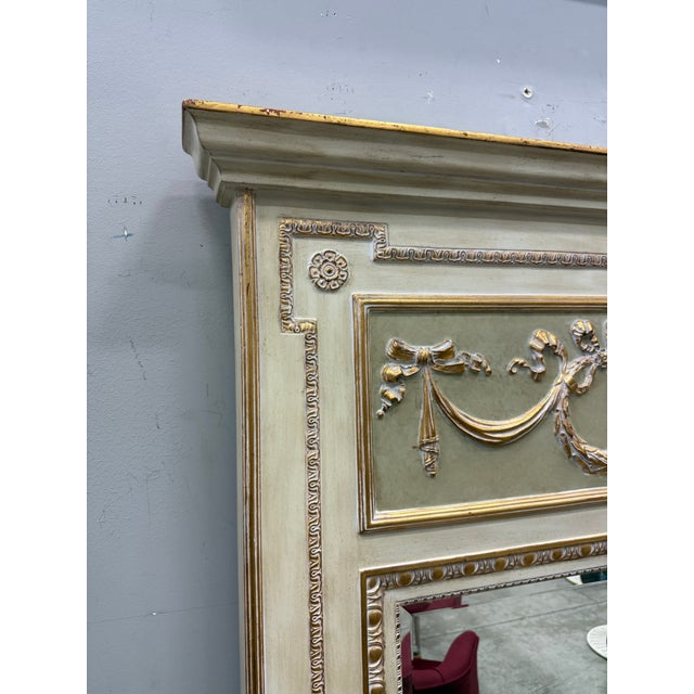 Vintage Carved Wood Beveled Trumeau Mirror in Louis XVI Style, Painted and Gilt For Sale - Image 10 of 12