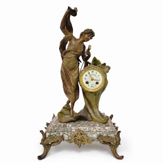 Green Art Nouveau L“L’Aurore Table Clock and Candelabras from Hardyau Fils, Set of 3 For Sale - Image 8 of 9