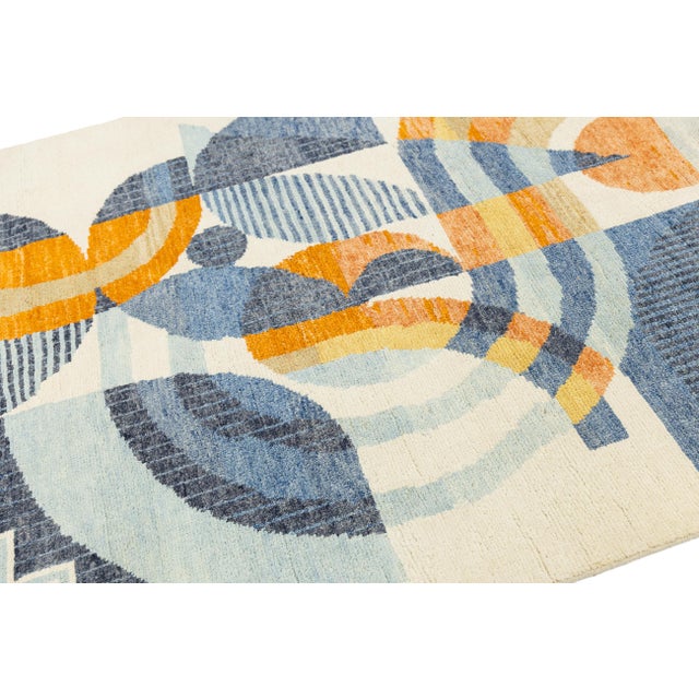 Cream Geometric Abstract Art Deco Inspired 5x8 Wool Area Rug in Soft Cream For Sale - Image 8 of 9