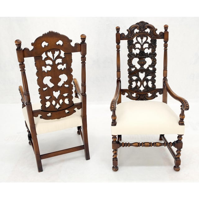 Pair of Carved Walnut Tall Backs New Upholstery Fireside Arm Side Chairs MINT! For Sale - Image 9 of 13
