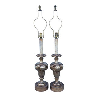 Mid Century Italian Silver Leafed Hand Carved Wooden Baroque Table Lamps/Pair. For Sale