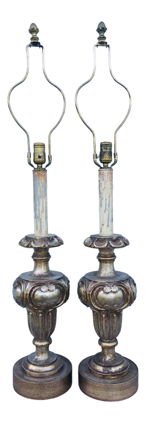 Mid Century Italian Silver Leafed Hand Carved Wooden Baroque Table Lamps/Pair.