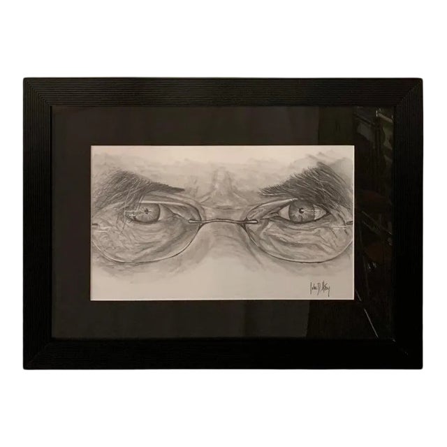 Portrait of a Man Charcoal Drawing Entitled "Intense Gaze", Signed and Framed For Sale