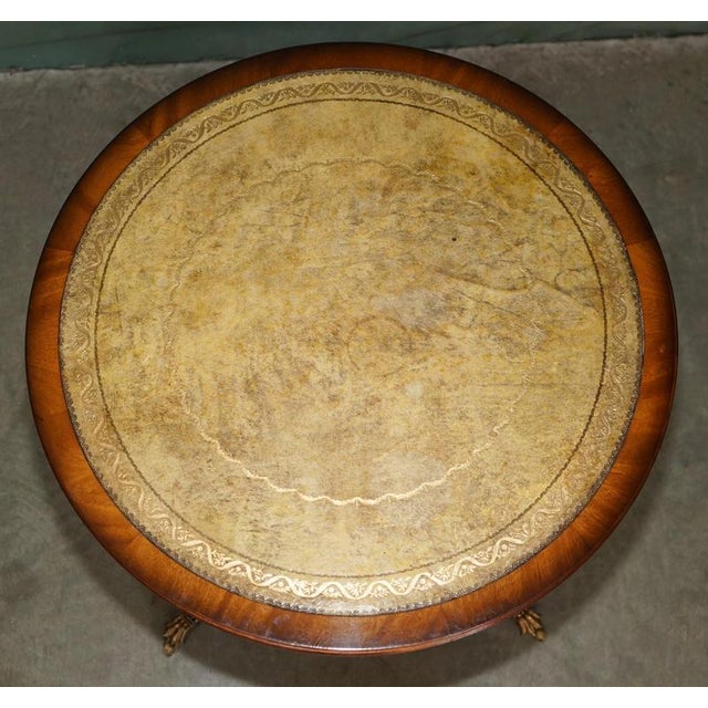 Hollywood Regency Flamed Hardwood Heritage Green Leather Top & Brass Lions Paw Castor Side Table For Sale - Image 3 of 11
