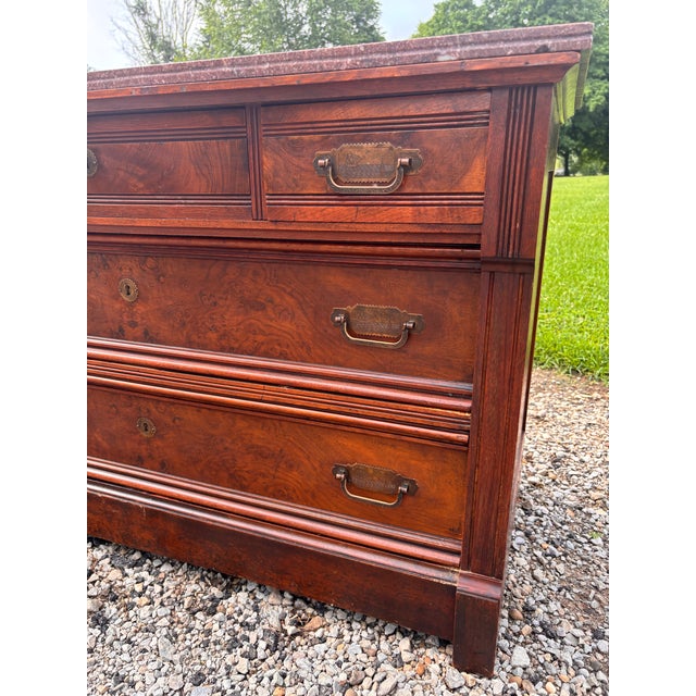 Antique American Black Walnut Burl Victorian Marble Top Dresser With Original Nautical Brass Hardware, Circa 1895–1905 For Sale - Image 10 of 12