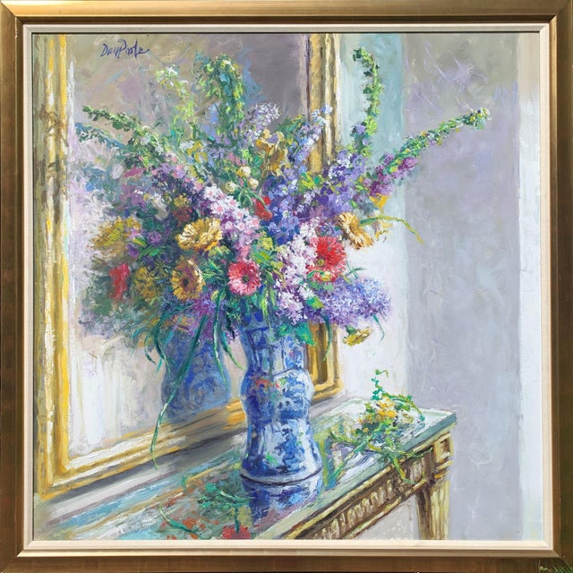 Beautiful, signed Dan Poole still life painting. Colorful flowers set in blue & white vase in home setting. Housed in gold...