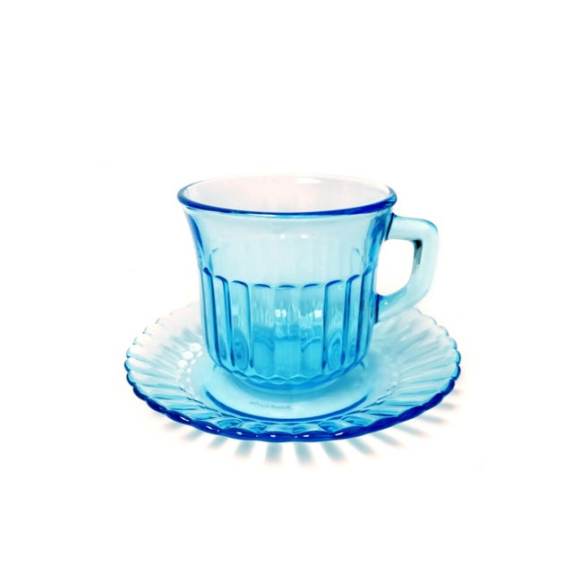 Vintage Forte Crisa Cup & Saucer Light Blue Glass Tea Serving Set of 8 For Sale - Image 4 of 7