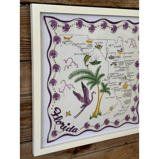 Textile Vintage Florida State Map Handkerchief Framed– Coastal Flamingo Motif For Sale - Image 7 of 12