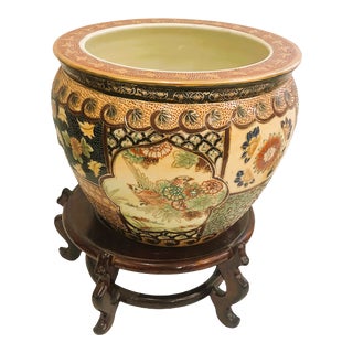 Japanese Satsuma Fish Bowl Planter With Stand For Sale
