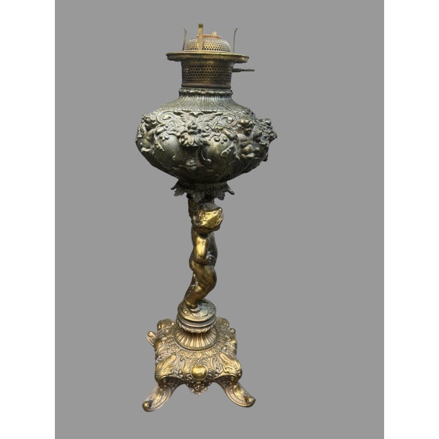 Metal Vintage Embossed Metal Parlor Table Lamp With Figural Cherub Cupid Base For Sale - Image 7 of 10