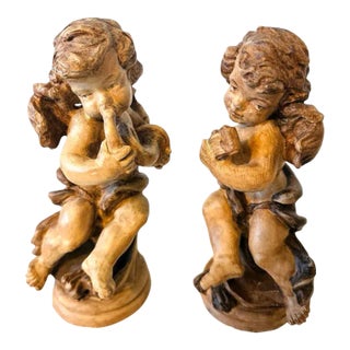 Antique Pair of Hand-Carved Wooden Putti With Instruments For Sale