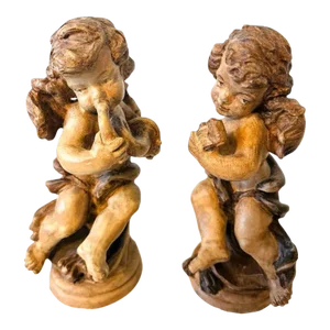 Antique Pair of Hand-Carved Wooden Putti With Instruments