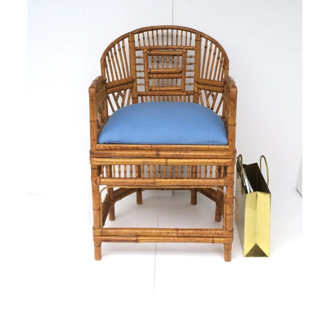 Tan Wicker Bamboo Armchair With Blue Upholstered Seat in the Chinoiserie Style For Sale - Image 8 of 13