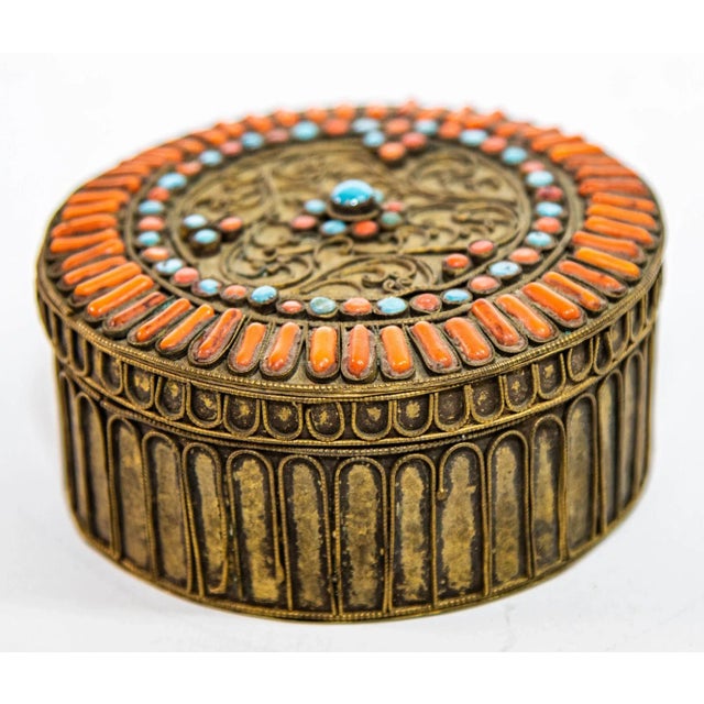 Antique Asian Tibetan Brass Filigree With Turquoise and Red Beads Ceremonial Box For Sale - Image 4 of 12