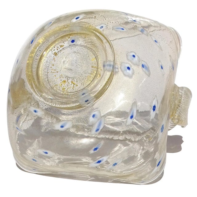Gold Vintage Murano Gold Flecks White Blue Daisy Pattern Italian Art Glass Rope Handle Basket Bowl For Sale - Image 8 of 8
