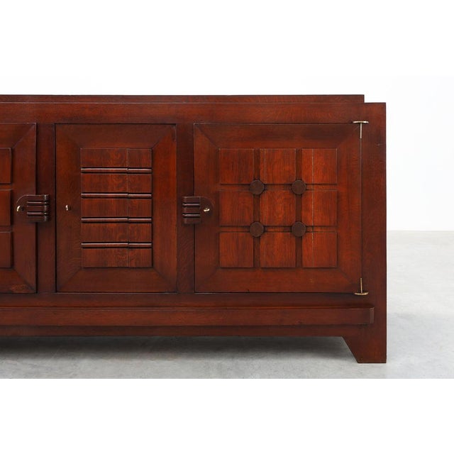 Art Deco Carved Geometric Sideboard in Oak by Charles Dudouyt, 1940 For Sale - Image 3 of 18