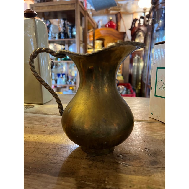 Metal Vintage Brass Pitcher Vase With Braided Twisted Handle For Sale - Image 7 of 9