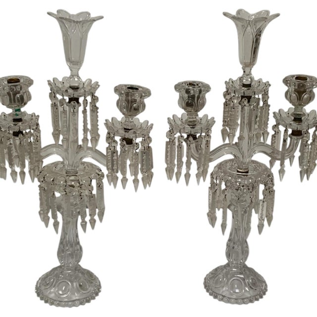 Vintage Pair 14" Modular Crystal 3-Light Candelabras Threaded European Lead Crystal Complete With Prisms For Sale In Palm Springs - Image 6 of 12