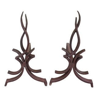 Flame Andirons attributed to Raymond Subes, 1930s, Set of 2 For Sale