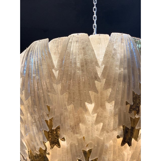 Contemporary Large Scale Murano White and Gold Glass Leaf Form Waterfall Chandelier For Sale - Image 3 of 6
