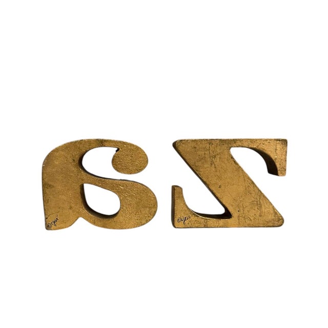 Mid-Century Modern Vintage Mid Century Signed Curtis Jere "A to Z" Gilded Cast Iron Bookends, a Pair For Sale - Image 3 of 5
