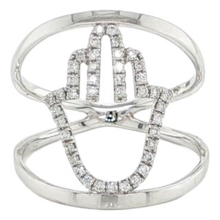 Mid 20th Century Diamond Open Hamsa Hand Ring in 18k White Gold Size 7 For Sale