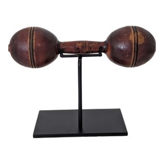 Small Antique Wooden Dumb Bell on Iron Stand – Vintage Gym Décor, Sculptural Object, Industrial Accent For Sale