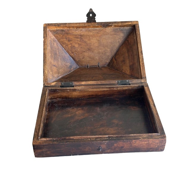 Antique Indian Dowry Chest With Slanted Lid – Hand-Carved Wood Storage Box With Iron Hardware For Sale - Image 4 of 9