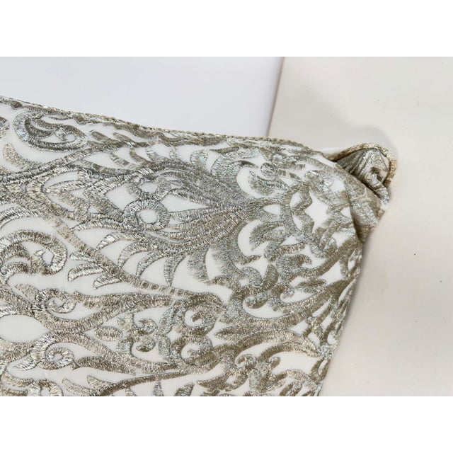 Turkish Ottoman Revival Silver Metallic Embroidered Linen Decorative Pillow For Sale - Image 11 of 16
