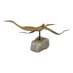 1980s George Laakso Brass Bird Sculpture on Marble Rock Base