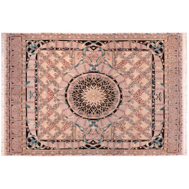 Black Shabby Chic Medallion 1990's Pak-Persian Tan/Black Wool Rug - 9'2'' X 12'3'' For Sale - Image 8 of 9