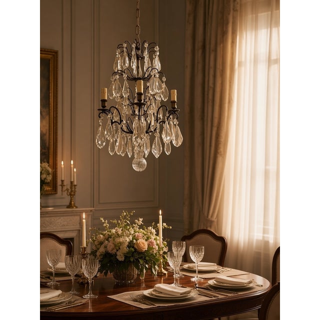 Italian Wrought Iron and Crystal Cage Chandelier, 1940s For Sale - Image 3 of 14