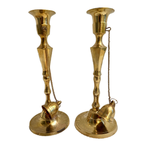 Early 20th Century Solid Brass Candlestick Holders With Attached Brass Snuffers