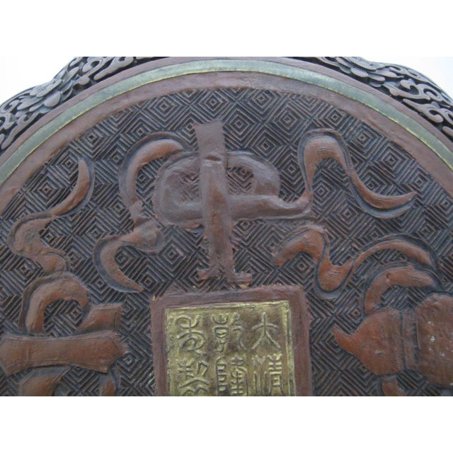 Chinese Cinnabar Lacquer Style Resin Village Scene 10" Plate Pair With Stands For Sale - Image 12 of 18