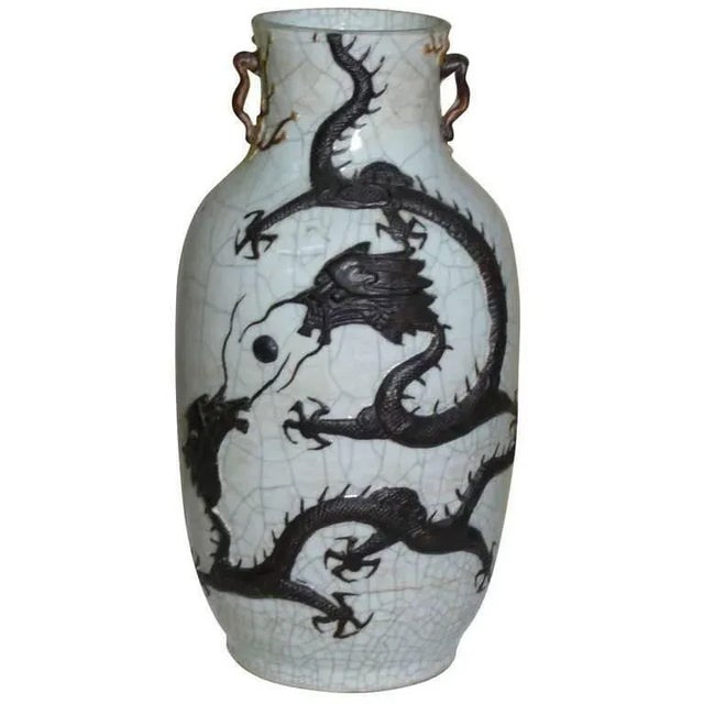 Ceramic Chinese Qing Dynasty Celadon Crackleware Dragon Baluster Vase With Provenance For Sale - Image 7 of 7