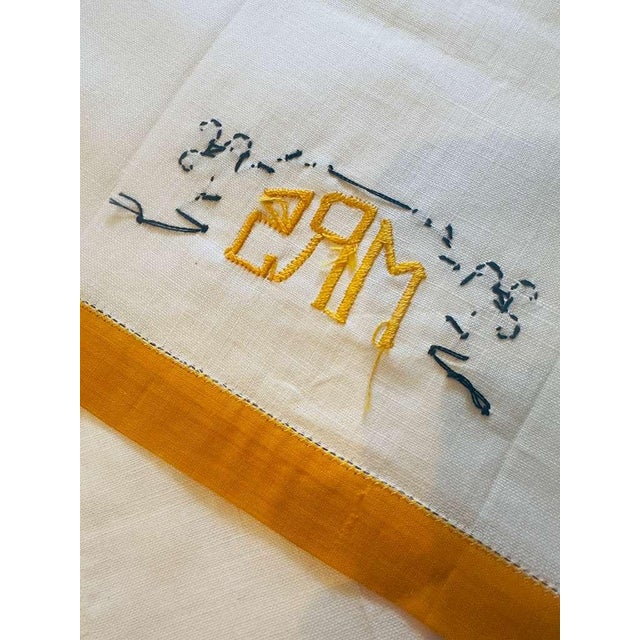 1930s Vintage Mr & Mrs Linen Towels Saffron Black Trim Monogram Embroidered Guest Towels - a Pair For Sale - Image 5 of 11