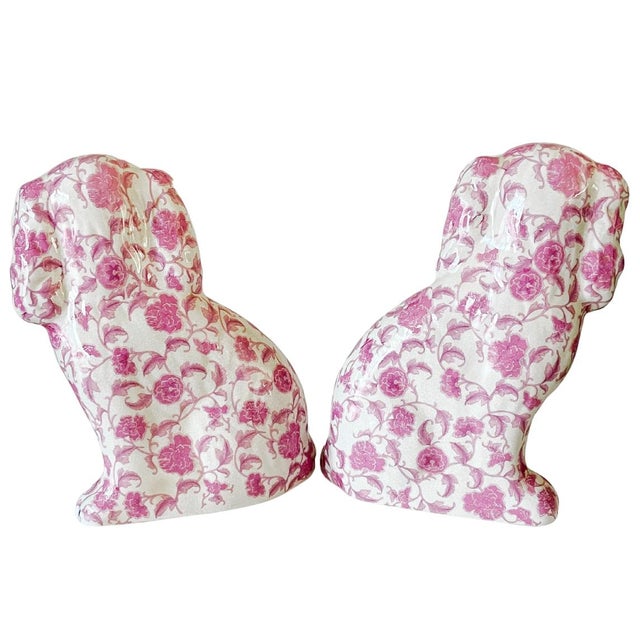 Ceramic Pink Floral Staffordshire Style Spaniel Dog Figurines - a Pair For Sale - Image 7 of 8